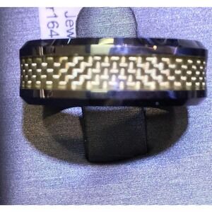 Mens Tungsten Ring Sz9.5 Black/Woven Gold Color Ctr Strip Unique Look New W Tags